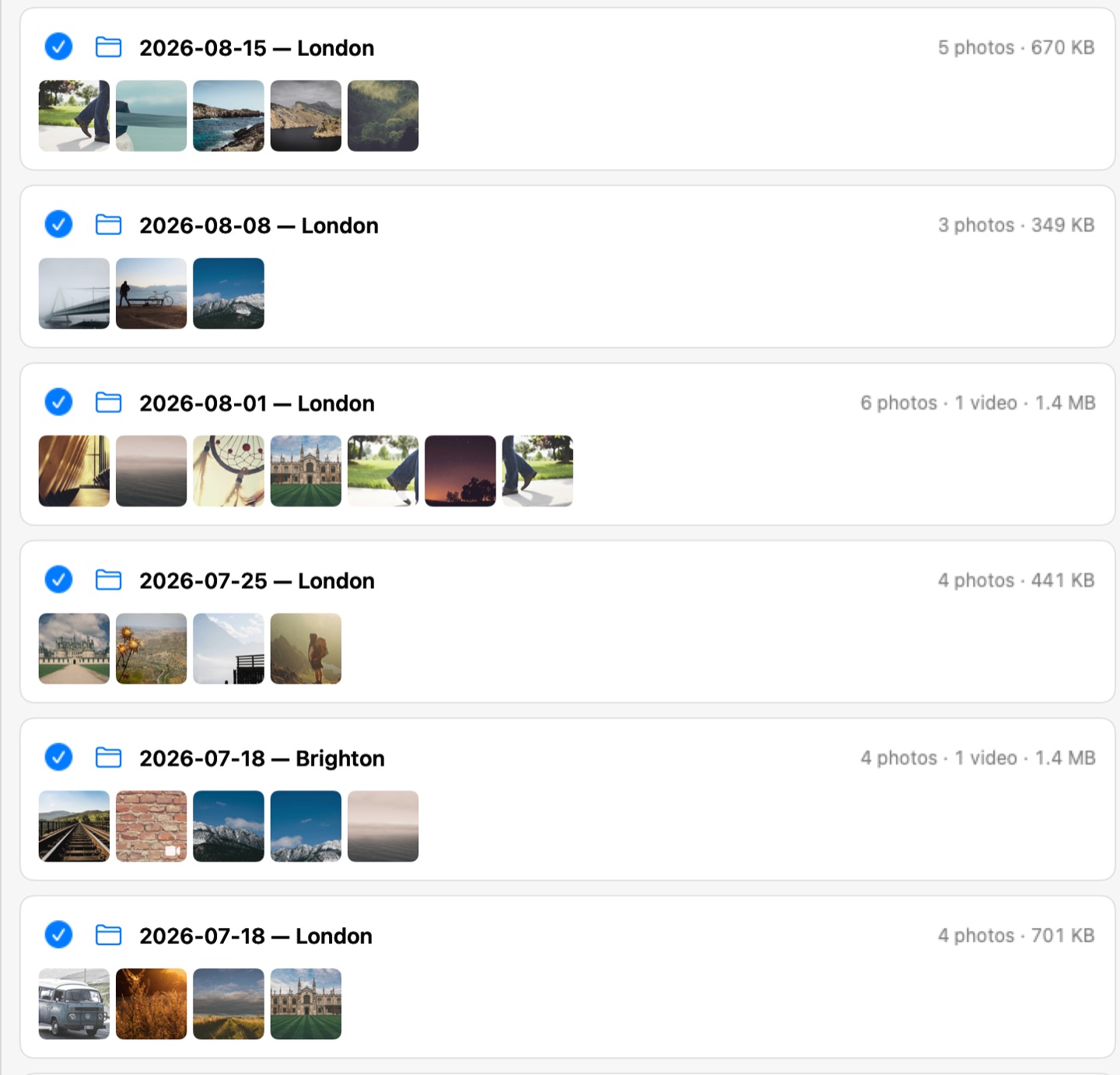 The list of folders to be created, each with photo count, size and thumbnails
